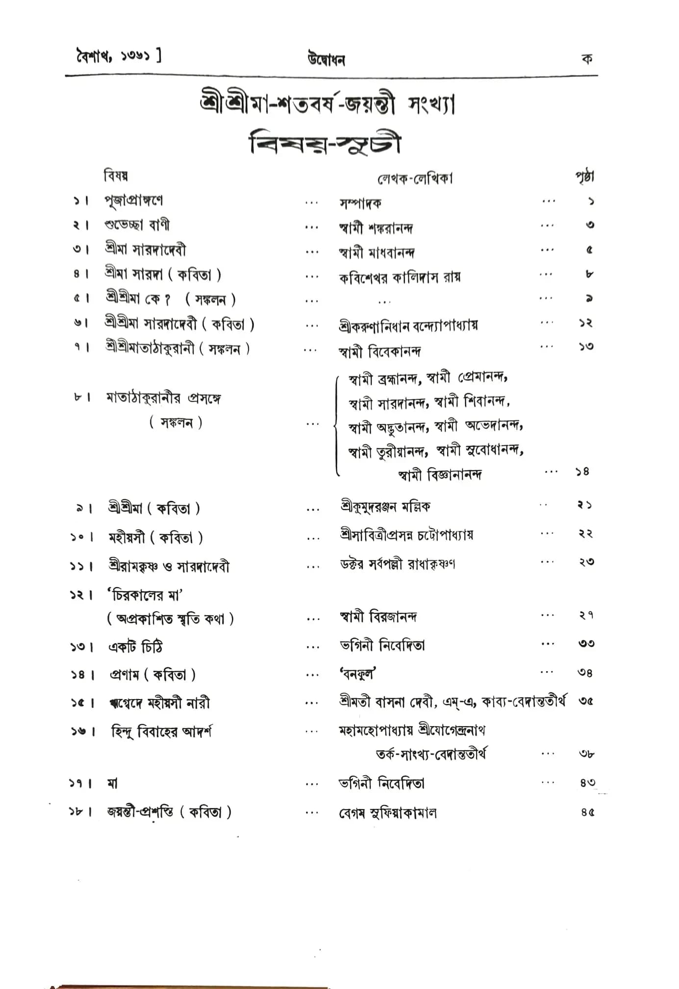 উদ্বোধন শ্রীশ্রীমা-শতবর্ষ জয়ন্তী সংখ্যা